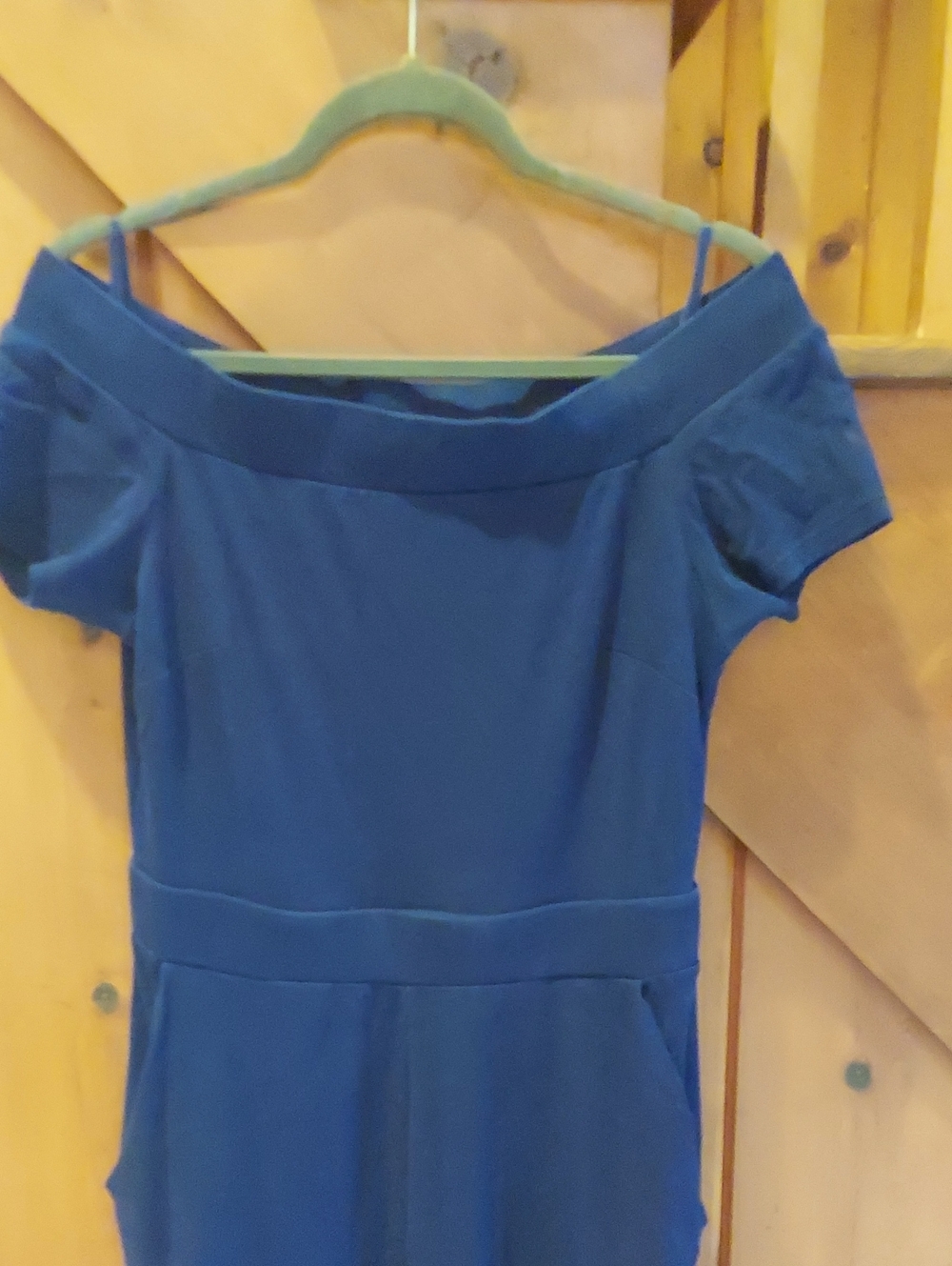 Off-Shoulder Blue Women’s Dressy Jumpsuit, Bootcut With Pockets